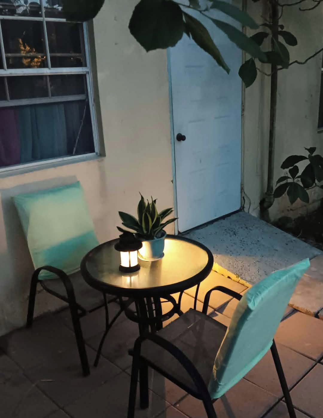 Un pequeño espacio al aire libre con mesa, sillas y una planta en maceta.