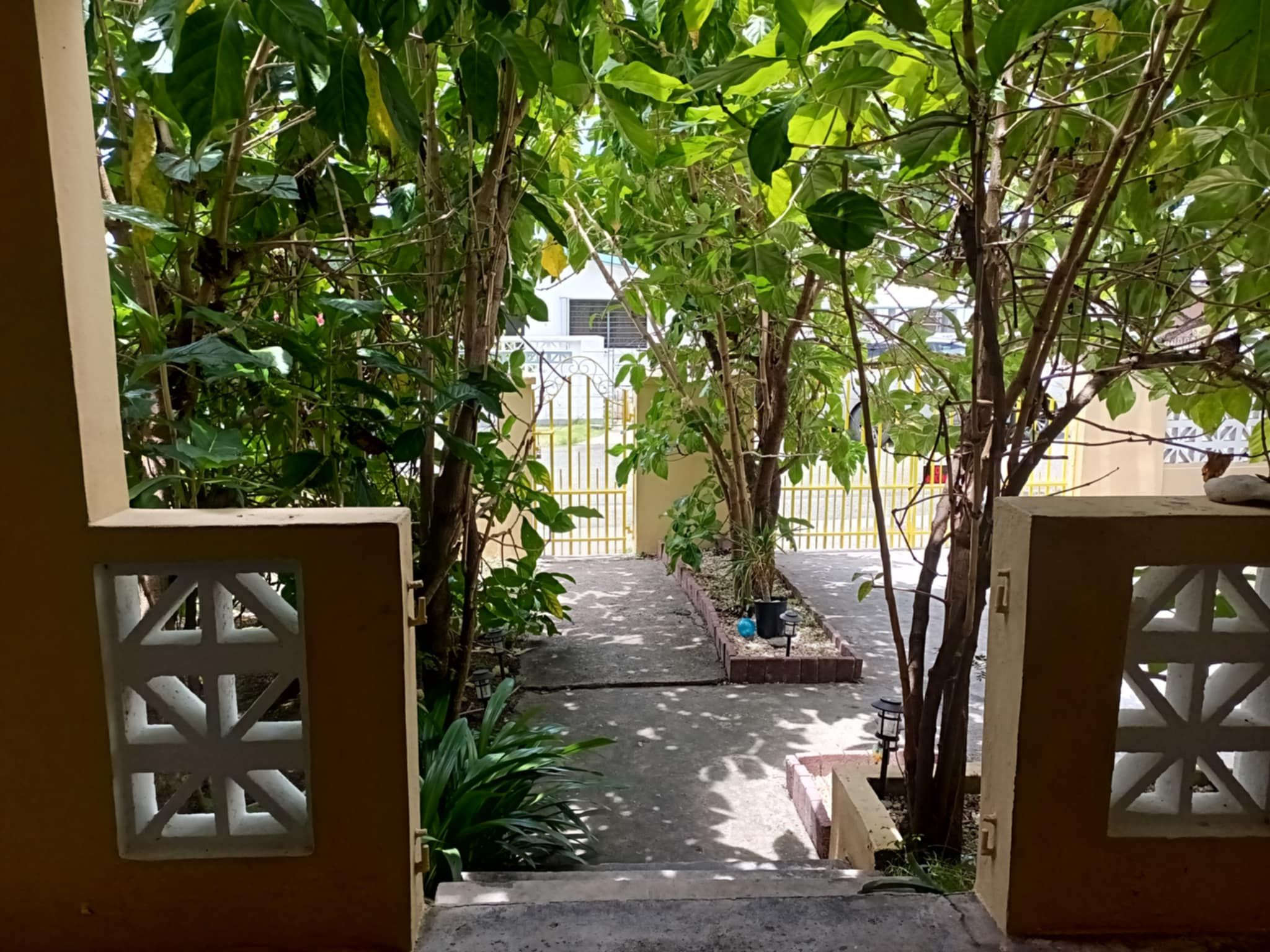 Una entrada con reja a un patio con un sendero que lleva a un edificio.