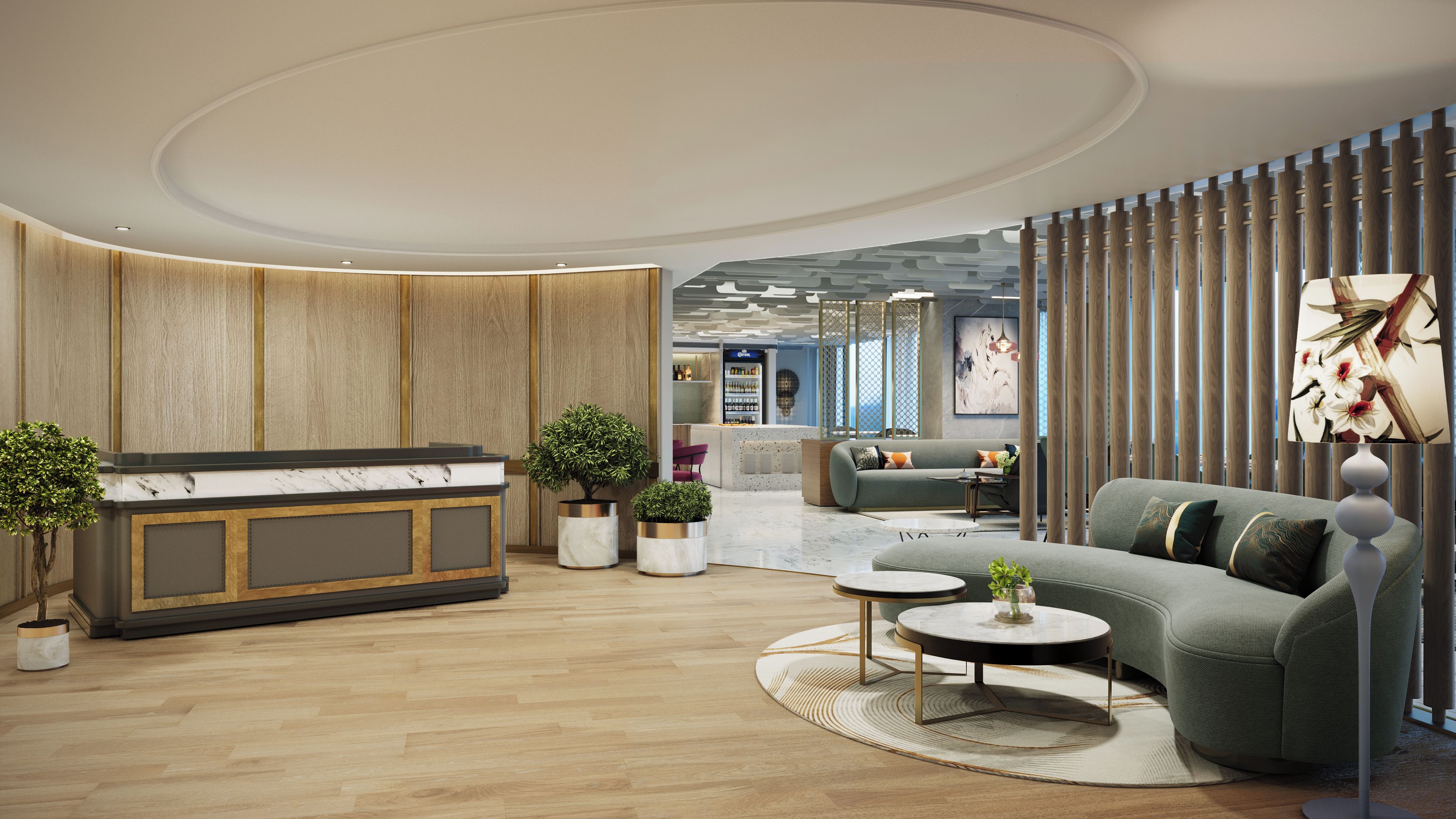 A modern interior with a reception desk, seating area, and a bar.