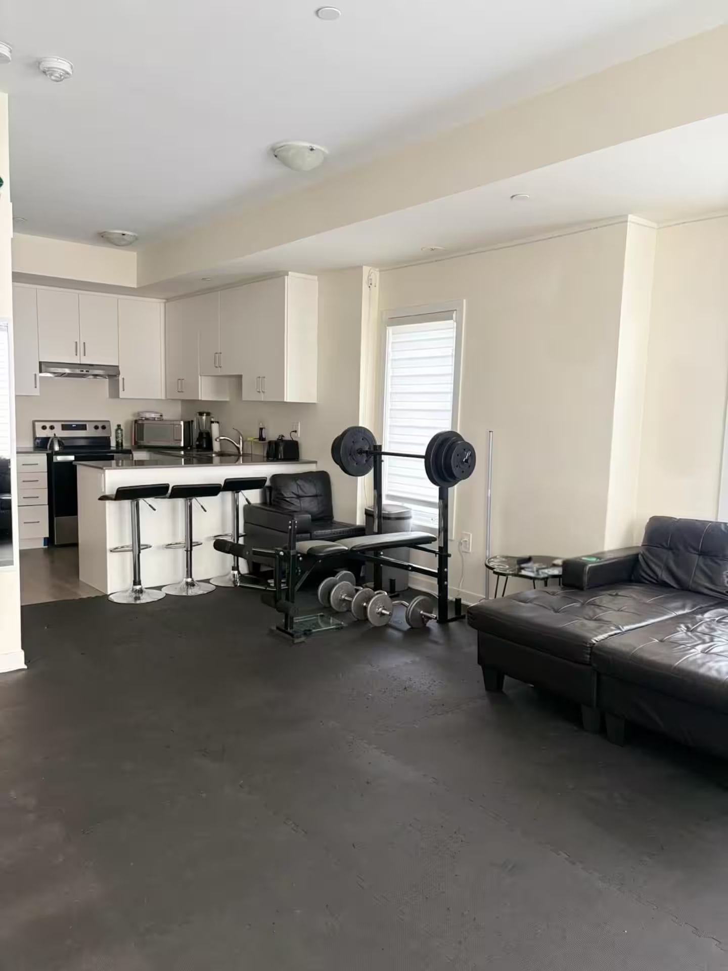 A compact living space with a kitchenette, a dining area, and a workout station.