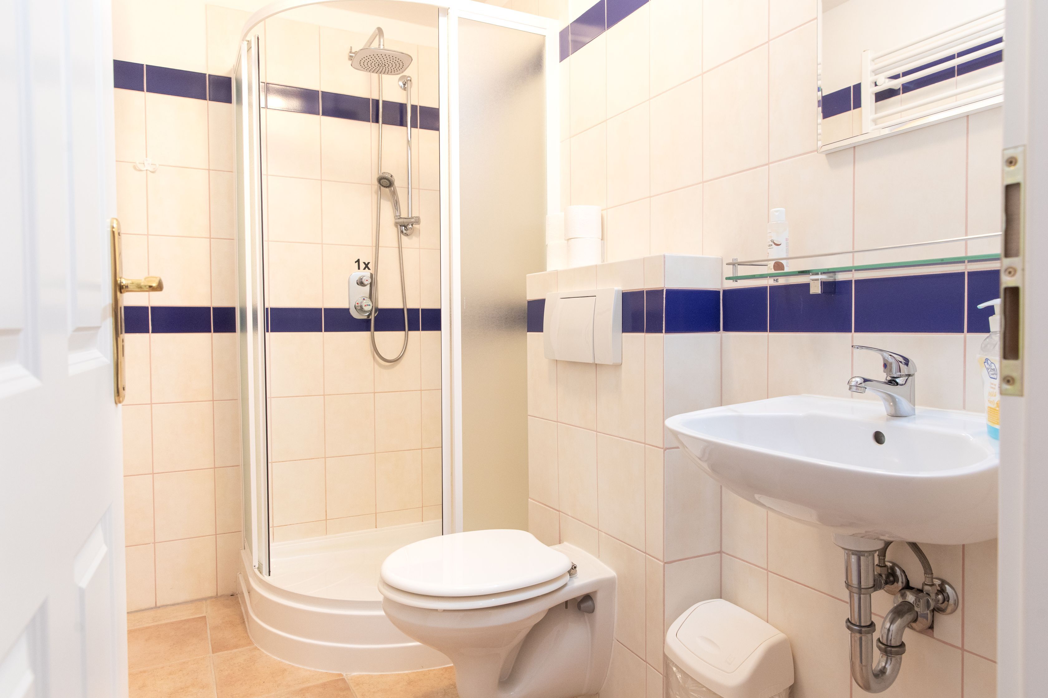 A bathroom with a shower, toilet, and sink.