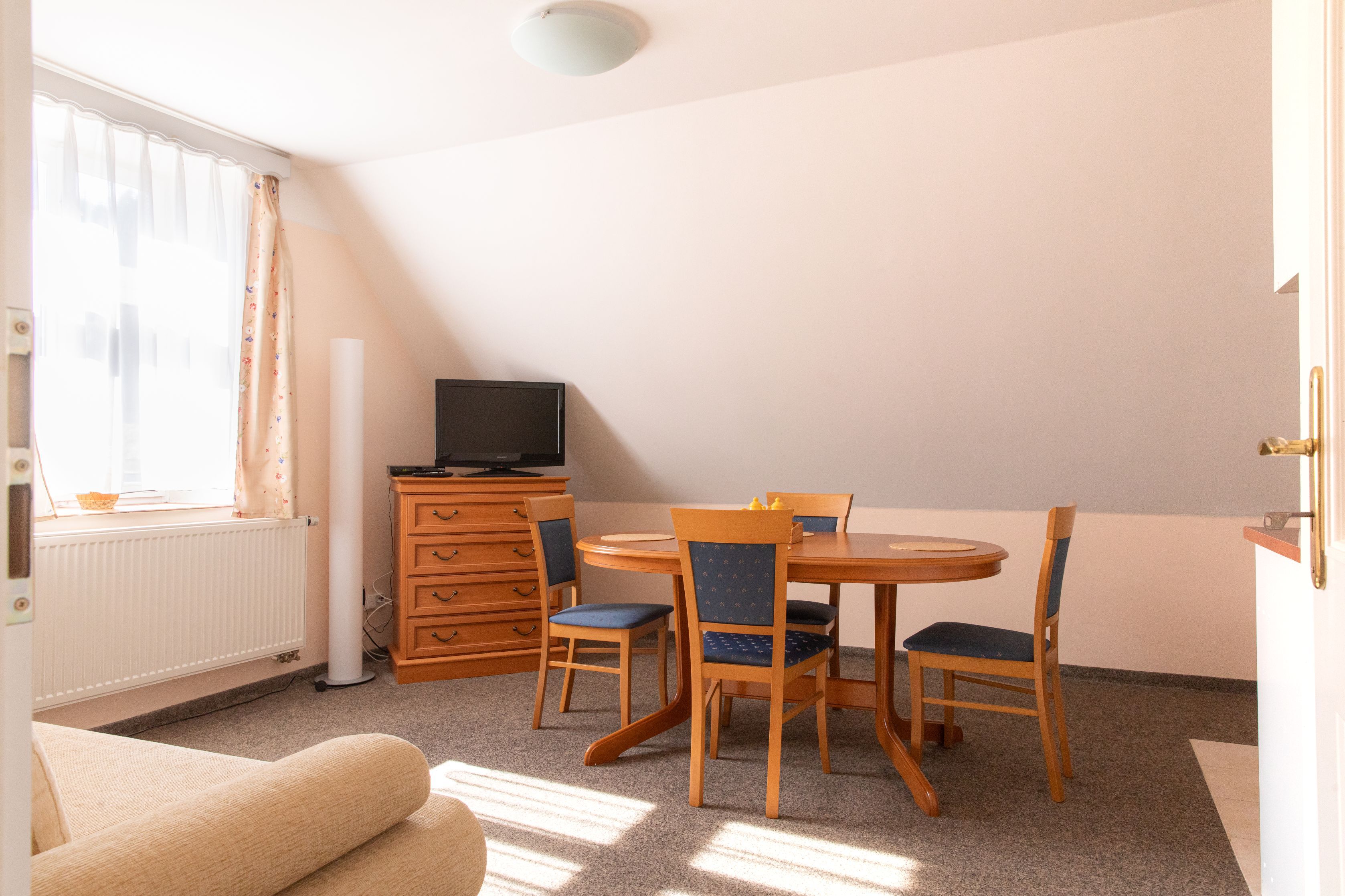 A room with a round wooden table, two chairs, a television on a dresser, a radiator, and a window with curtains.