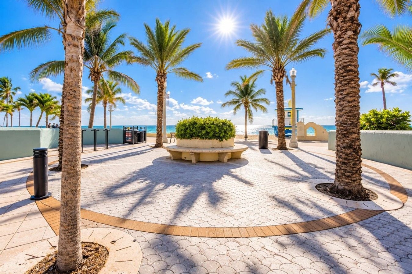 A paved walkway with palm trees, a planter with greenery, and a clear view of the ocean.