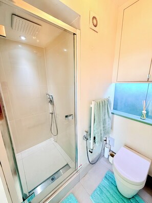 Une salle de bain avec une douche à parois de verre, des toilettes et un lavabo.