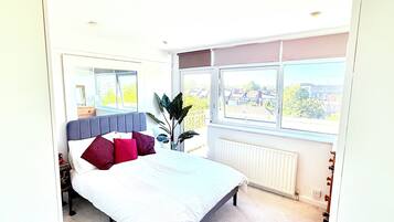 A bedroom with a bed, a radiator, a window, and a plant.