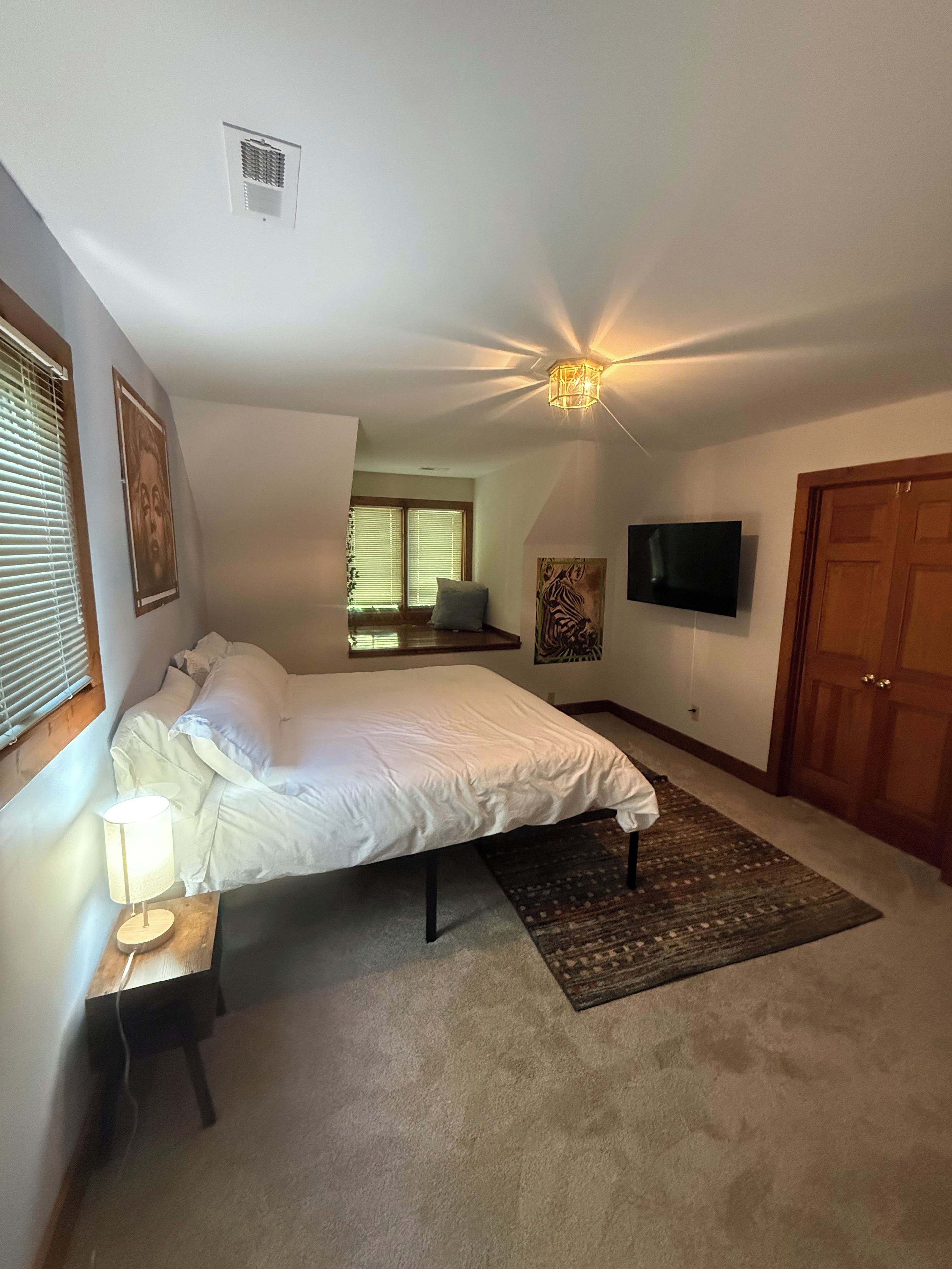 A bedroom with a bed, a bedside lamp, a television, a wooden door, and a ceiling light fixture.
