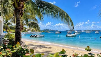 A beach with boats, palm trees, and a clear sky.