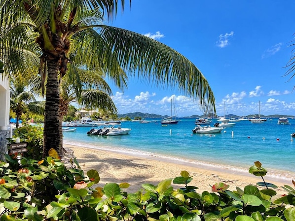 A beach with boats, palm trees, and a clear sky. - King’s Lighthouse Blue Door | Ground Floor Retreat (Charlotte Amalie)