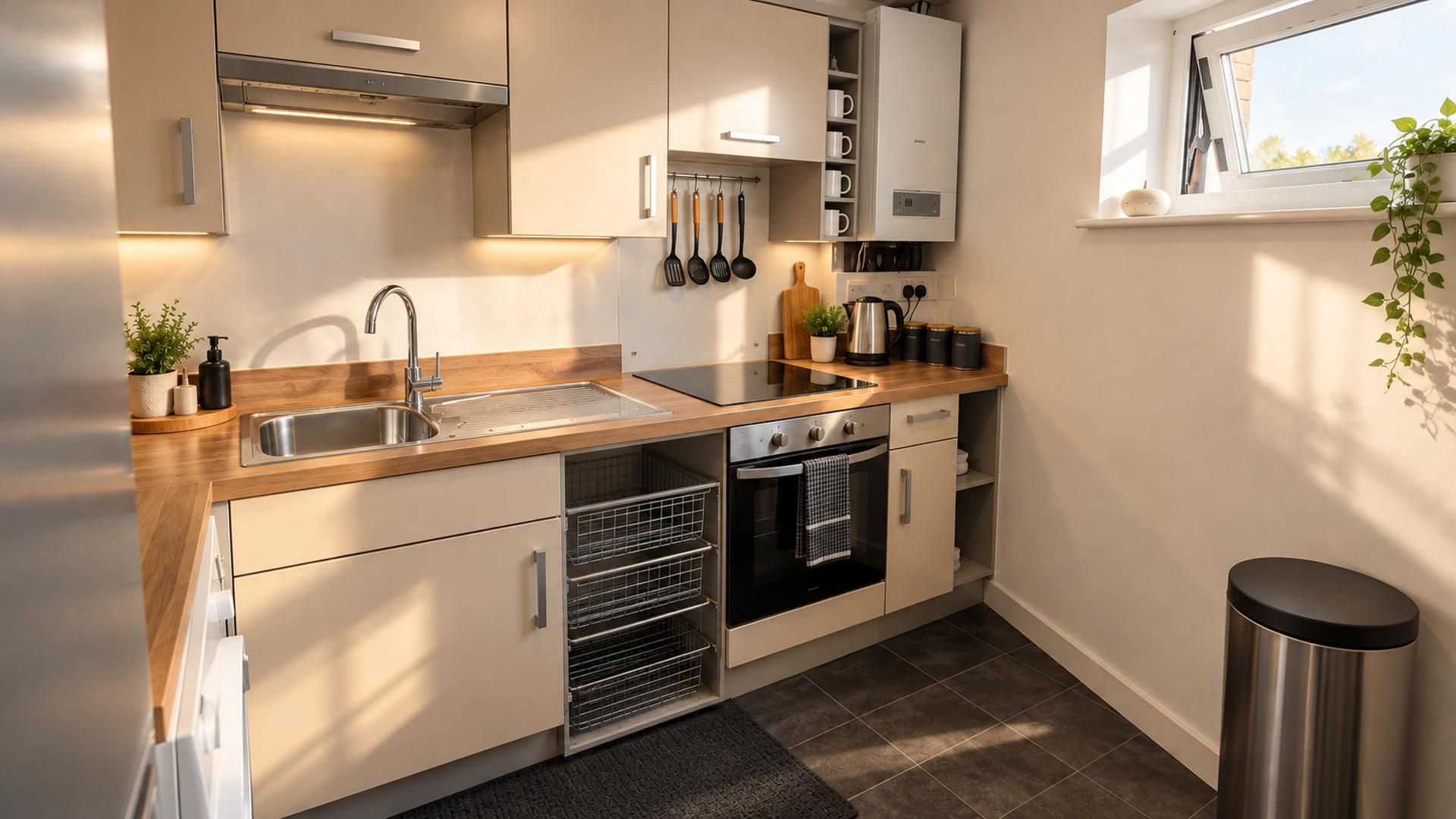 Cocina moderna con pileta de acero inoxidable, encimera de madera, horno empotrado y ventana con vista al exterior.