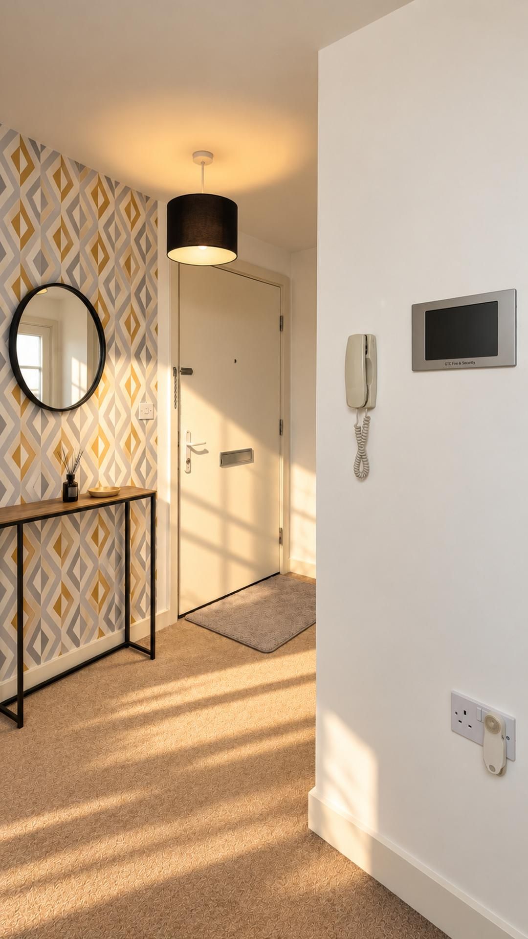 A hallway with a patterned wallpaper, a console table, a mirror, a door, a light fixture, a telephone, and a security camera.