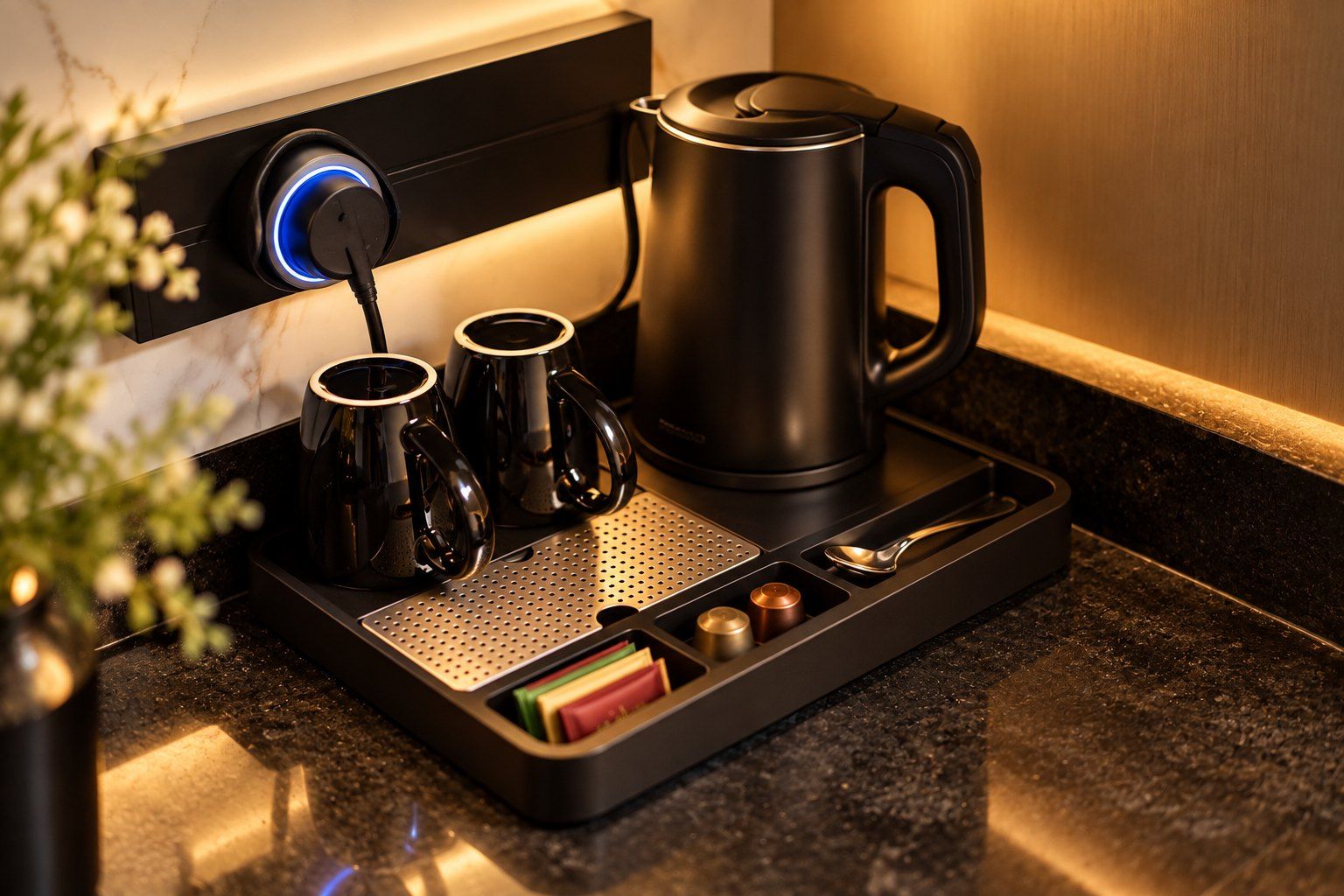 Een koffiehoek met een waterkoker, twee bekers en een lepel op een aanrecht.