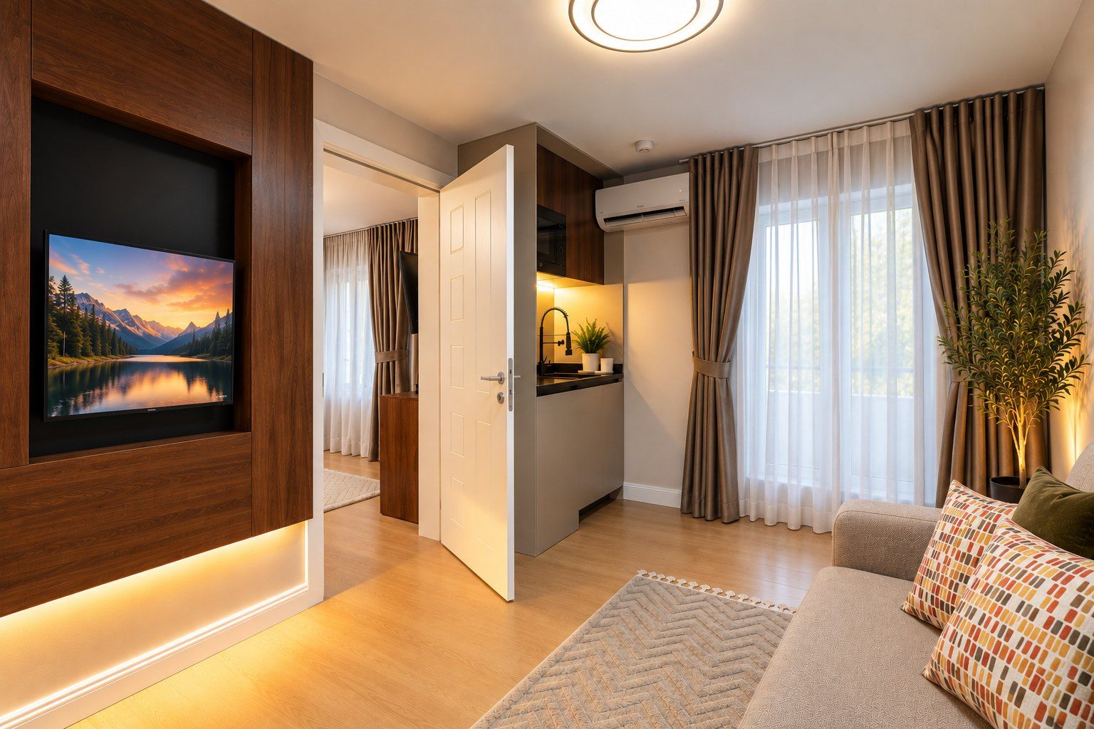 A modern living room with a flat-screen TV, a sofa, a coffee table, and a kitchen area with an air conditioning unit.