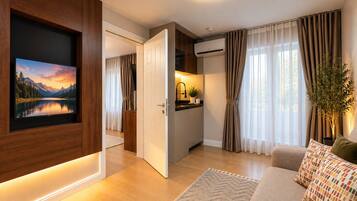 A modern living room with a flat-screen TV, a sofa, a coffee table, and a kitchen area with an air conditioning unit.