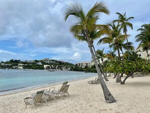 A beach with palm trees, lounge chairs, and a calm sea. - Luxury Island Escape 3BR, Panoramic Views, AC, Pool, Free Concierge, & Generator (St Thomas)