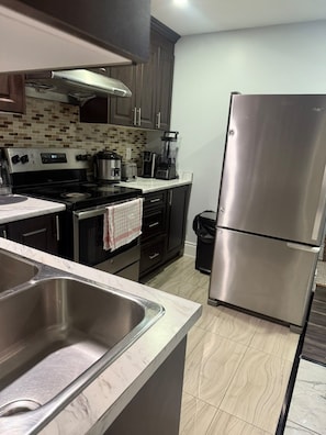 A modern kitchen with stainless steel appliances, a double sink, and a tiled backsplash. - Executive Stay - Near Airport (Brampton)