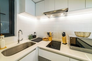 A modern kitchen with a stainless steel sink, a black induction cooktop, and a built-in oven. - Large Terrace Studio · Selected Design (H03) (Providencia)