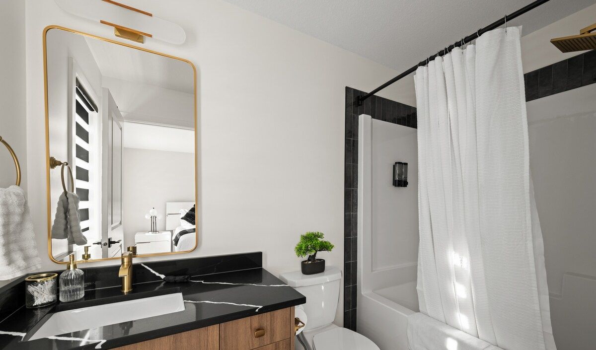 A modern bathroom with a black marble sink, a gold-framed mirror, a small potted plant, and a shower curtain.