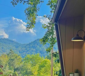 A room with a view of a mountain range, a window with a hanging plant, and a wall-mounted lamp. - New! The SugarCube/ Mins to Downtown/ Hike/Bike! (Banner Elk)