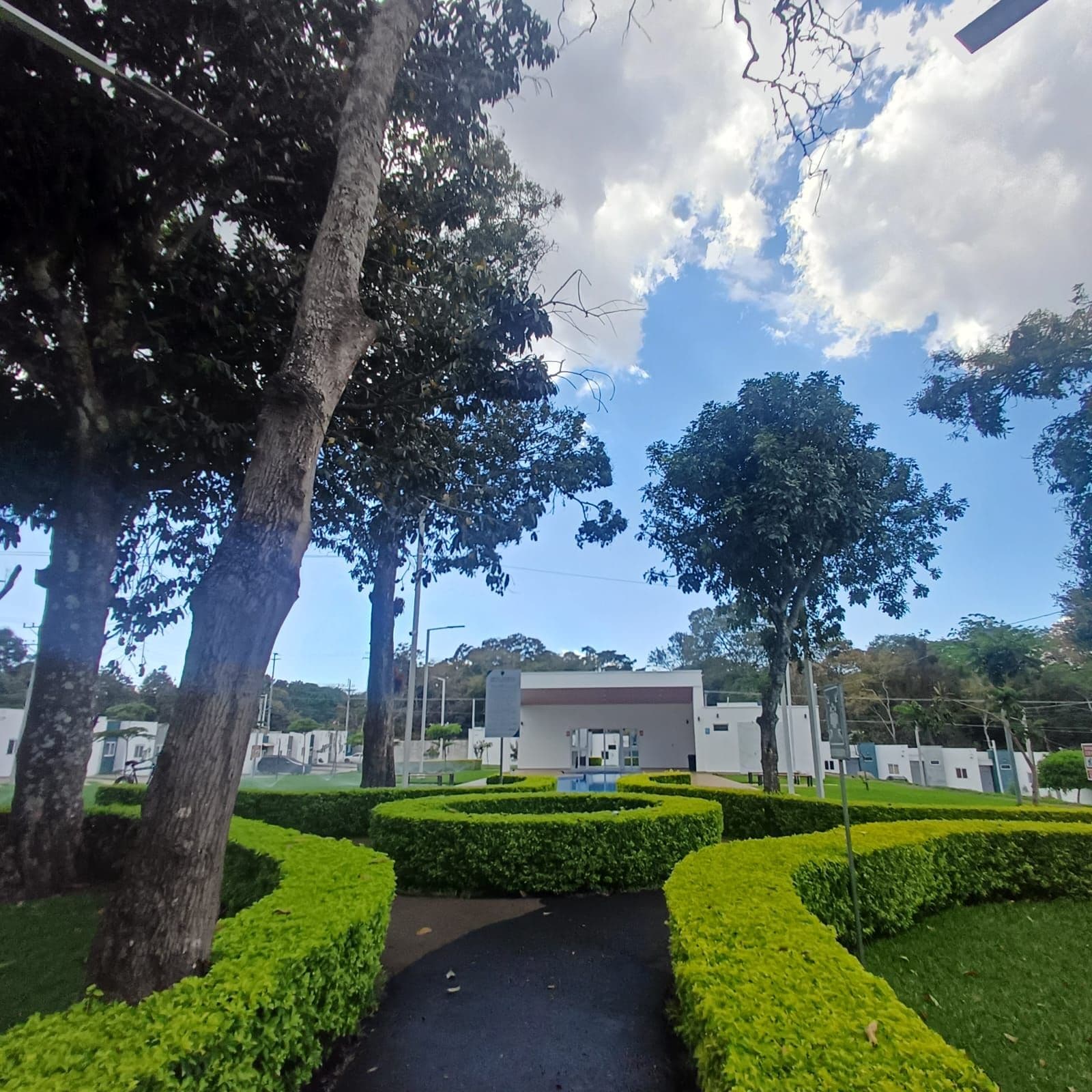 A landscaped area with a paved path, neatly trimmed hedges, and trees.