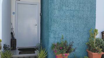 A door with a number '23' sign above it, a blue textured wall, and several potted plants in front of the door.