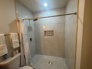 A shower area with a glass door, a towel rack, and a shelf with toiletries. - Welcoming 1-bedroom apartment with AC in vibrant Tampa (Tampa)