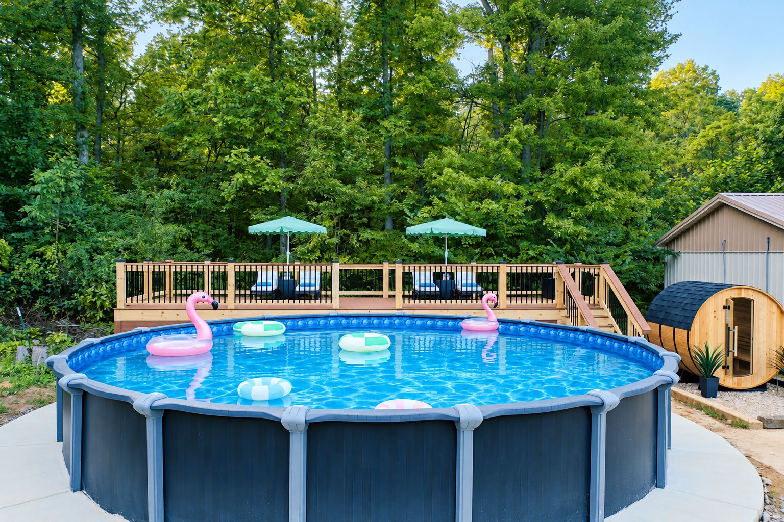 Ein oberirdischer Swimmingpool mit aufblasbaren Spielzeugen, einer Holzterrasse und einem Schuppen in einem Garten.