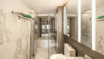 A modern bathroom with a glass-enclosed shower, a toilet, and a large mirror.