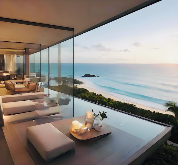 A modern interior with a large glass wall offering a view of the beach and ocean. - Laika Boutique Stay (Sanya Bay) (Sanya)