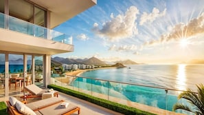 A modern hotel with a pool overlooking a coastal view, a dining area, and a lounge with a view of the mountains. - Laika Boutique Stay (Sanya Bay) (Sanya)