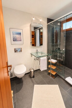 A modern bathroom with a glass shower enclosure, a glass sink, and a toilet. - 1511 Foppa 26 by Interhome (Valbella)