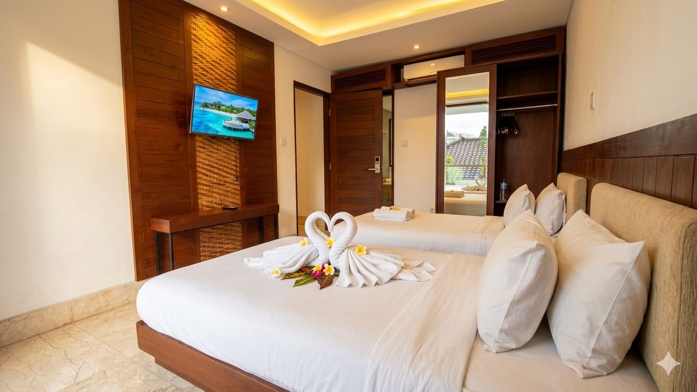 Una camera d'albergo con un letto, una televisione e vista sull'esterno.