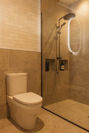 A modern bathroom with a toilet, a glass-enclosed shower, and a wall-mounted soap dispenser. - Twin Tides (Coromandel)