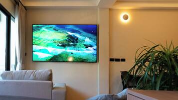 A modern living room with a flat-screen TV mounted on the wall, a sofa, a coffee table, and a potted plant.