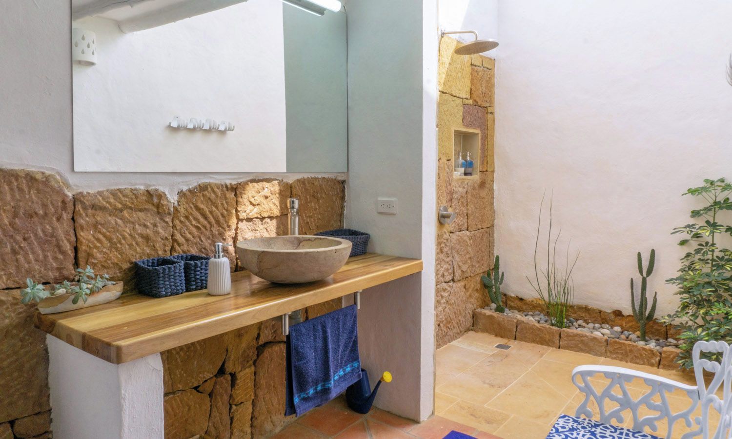 Een badkamer met een wasbak van steen, een spiegel, een douche en een kleine cactus.