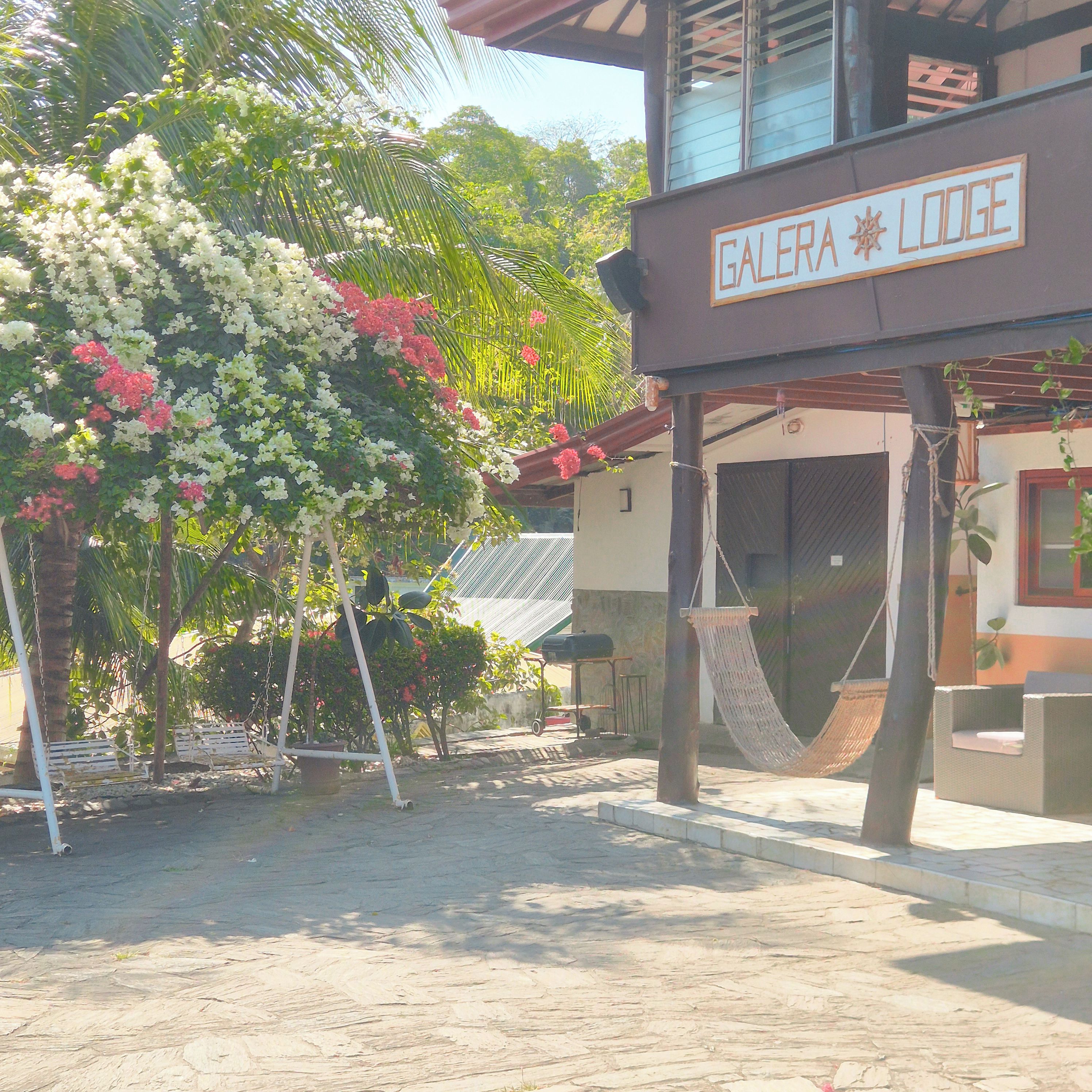 A building with a sign reading 'GALERA LODGE' and a hammock hanging from a wooden beam.
