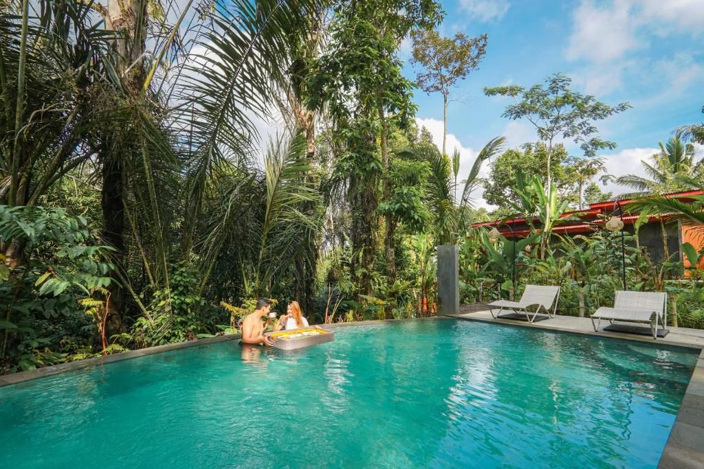 A pool surrounded by lush tropical vegetation, with lounge chairs and a small boat.