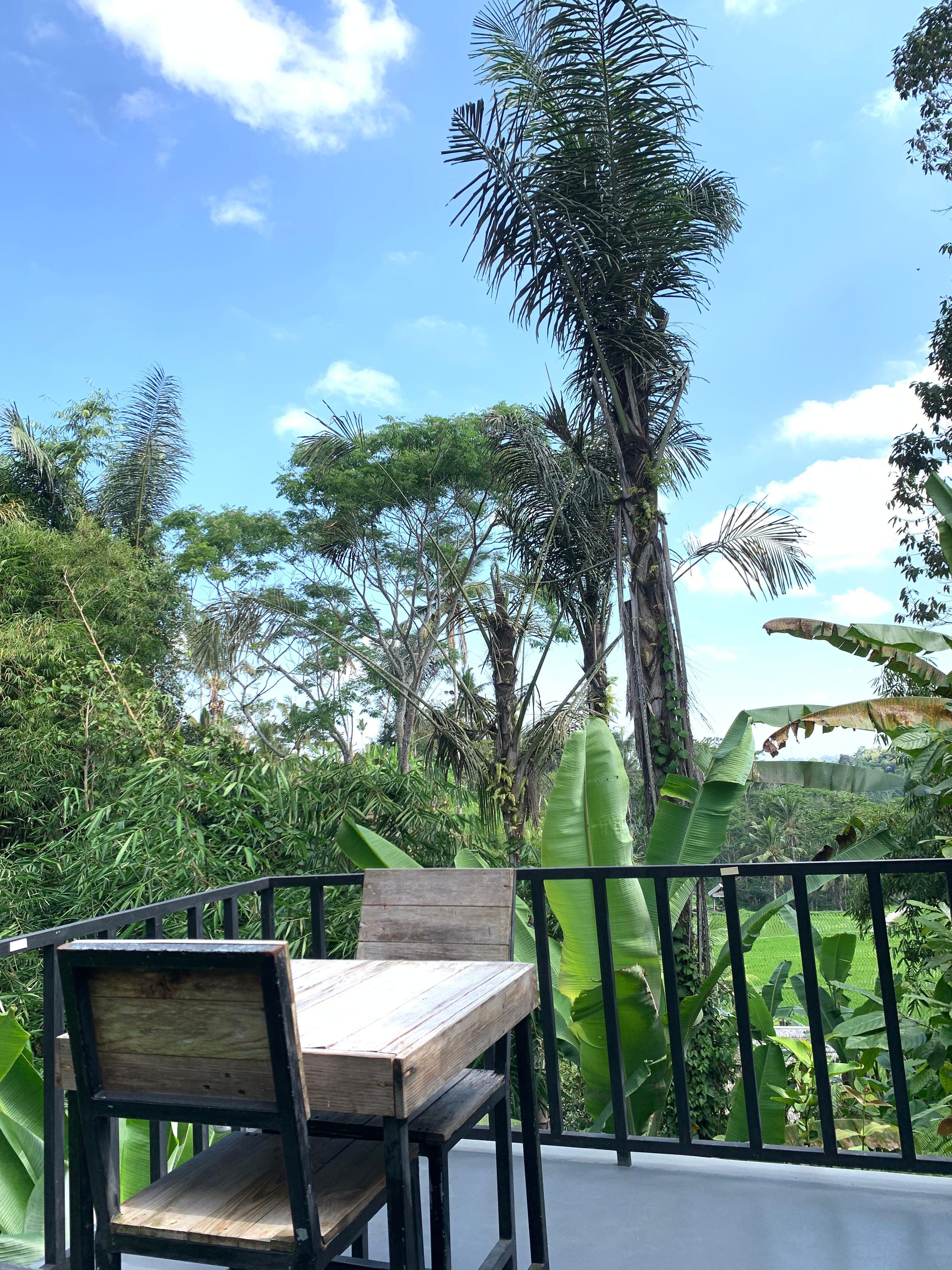 A wooden table and chair on a balcony with a metal railing, surrounded by lush tropical vegetation and a clear blue sky.