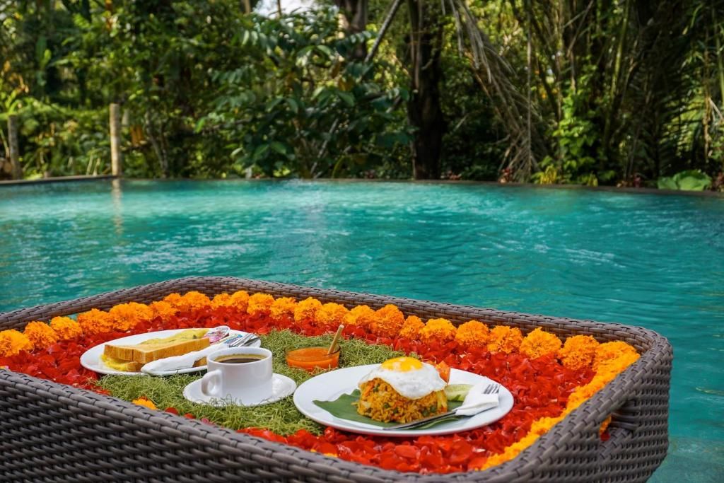 A dining setup with a table, plates, and a beverage, surrounded by a pool and greenery.