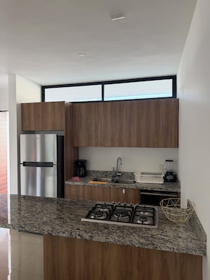 Eine moderne Küche mit einem Edelstahl-Kühlschrank, einem Gasherd, Holzschränken und einer Granit-Arbeitsplatte.