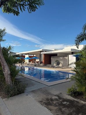 Ein Swimmingpool mit Liegestühlen und Sonnenschirmen, umgeben von Palmen und modernen Gebäuden.