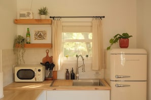 Una cocina equipada con microondas, pileta y refrigerador. Hay plantas en el alféizar de la ventana y una botella de cerveza sobre la encimera.