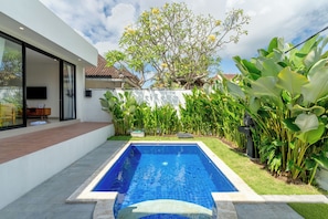 A modern house with a swimming pool, a patio, and a garden with various plants. - VILLA LITAN SEMINYAK  (Kec Kuta)