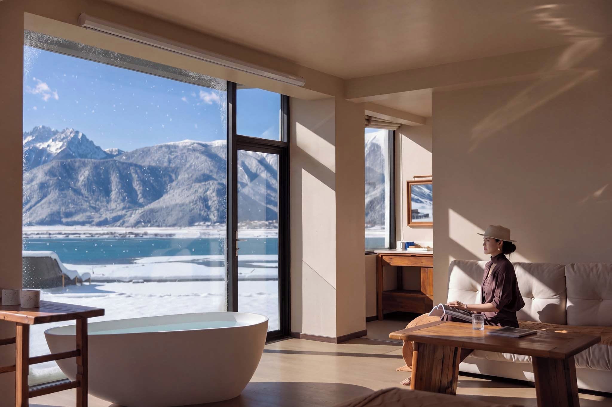 Ein modernes Interieur mit einem großen Fenster, das einen Blick auf eine verschneite Landschaft und Berge bietet.