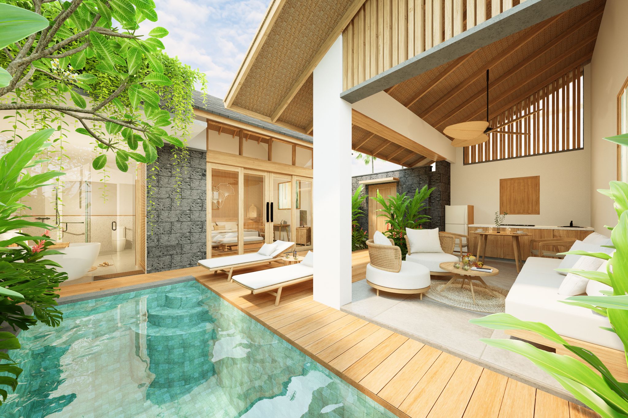 A modern outdoor pool area with lounge chairs, a dining area, and a kitchen visible through a glass partition.