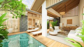 A modern outdoor pool area with lounge chairs, a dining area, and a kitchen visible through a glass partition.