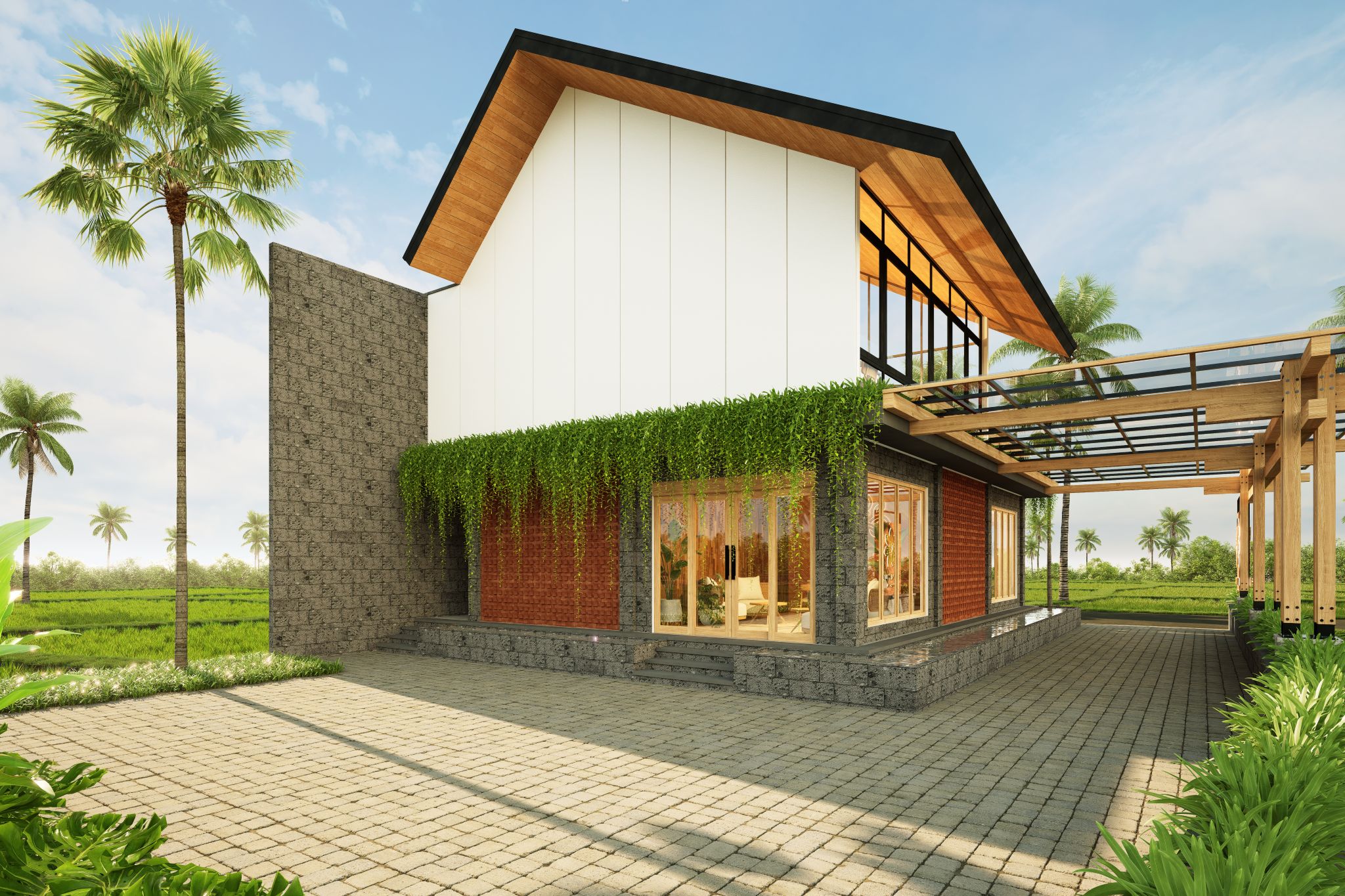 A modern house with a flat roof, large windows, and a covered porch.