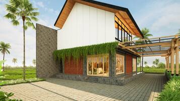 A modern house with a flat roof, large windows, and a covered porch.