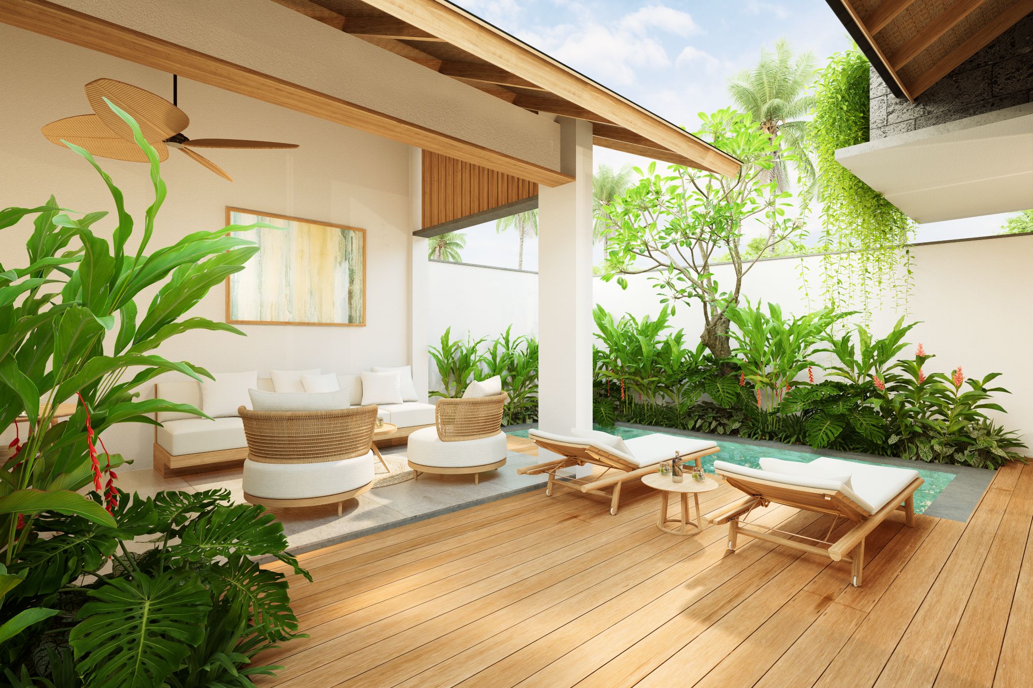 Ein moderner Außenbereich mit Loungemöbeln, Holzboden, weißen Sofas und einem Pool.