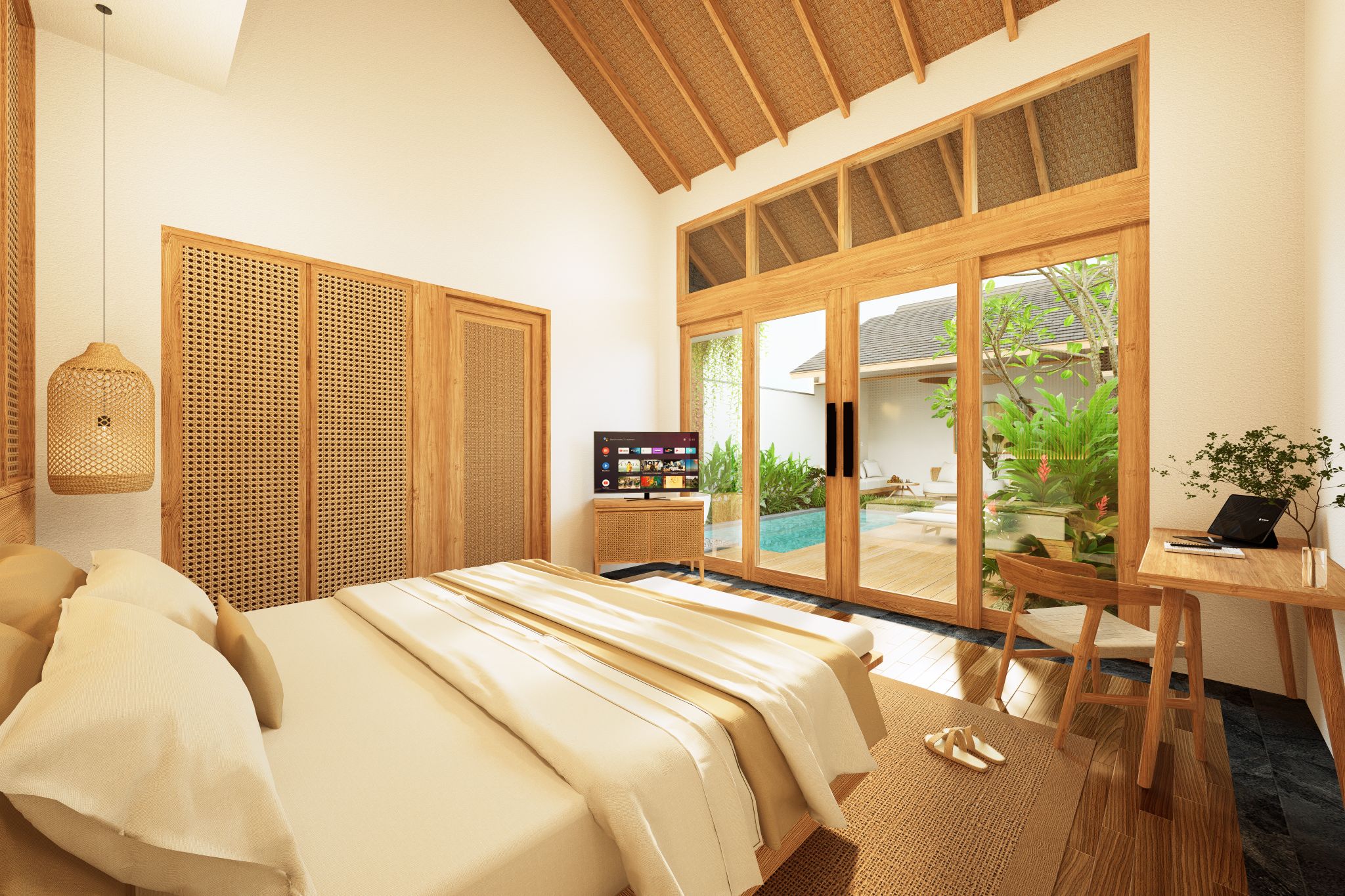 A bedroom with a bed, a television, and a view of a swimming pool.