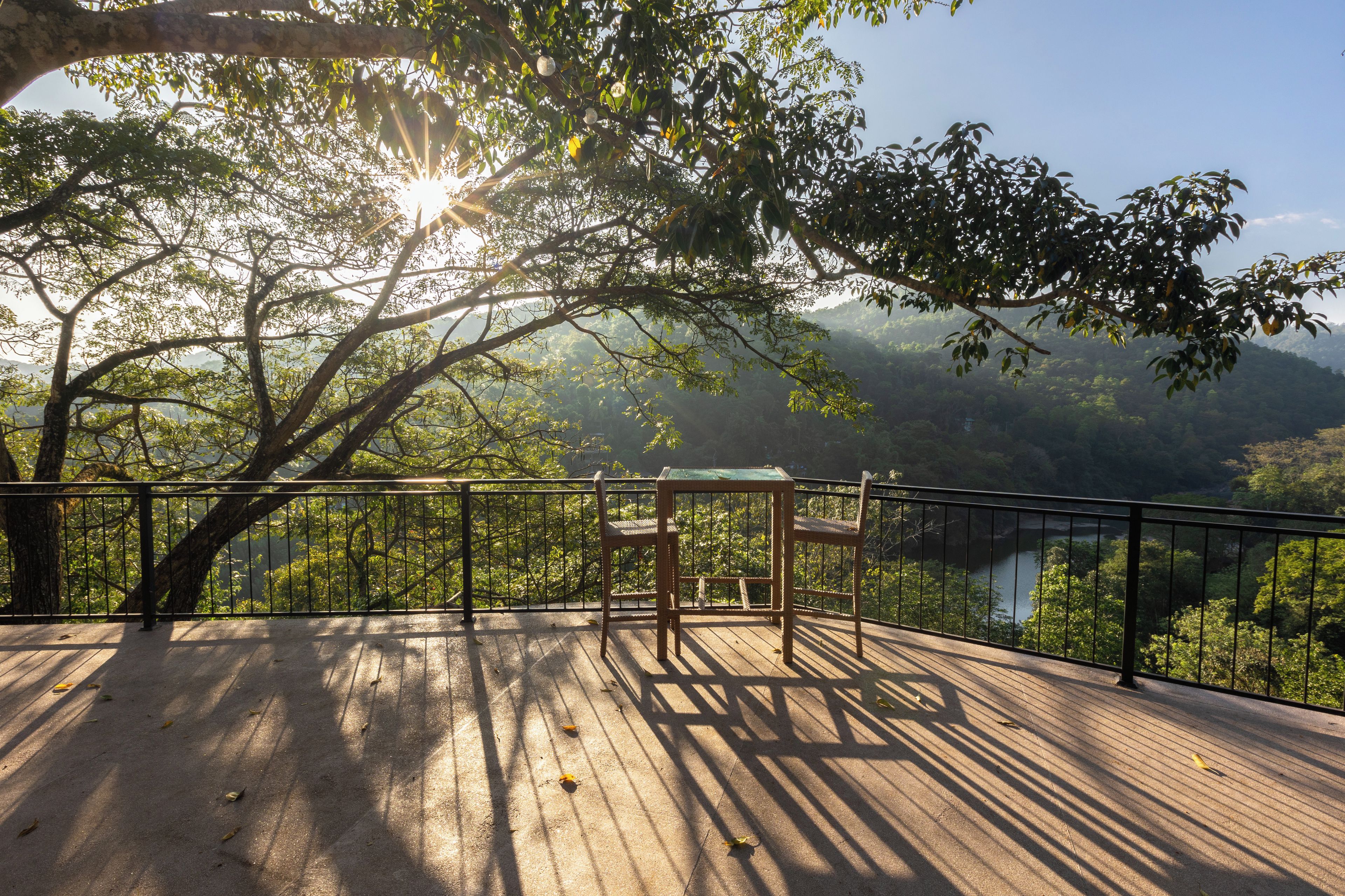 Une terrasse en bois avec une rambarde en métal, donnant sur une vallée boisée et un plan d’eau.